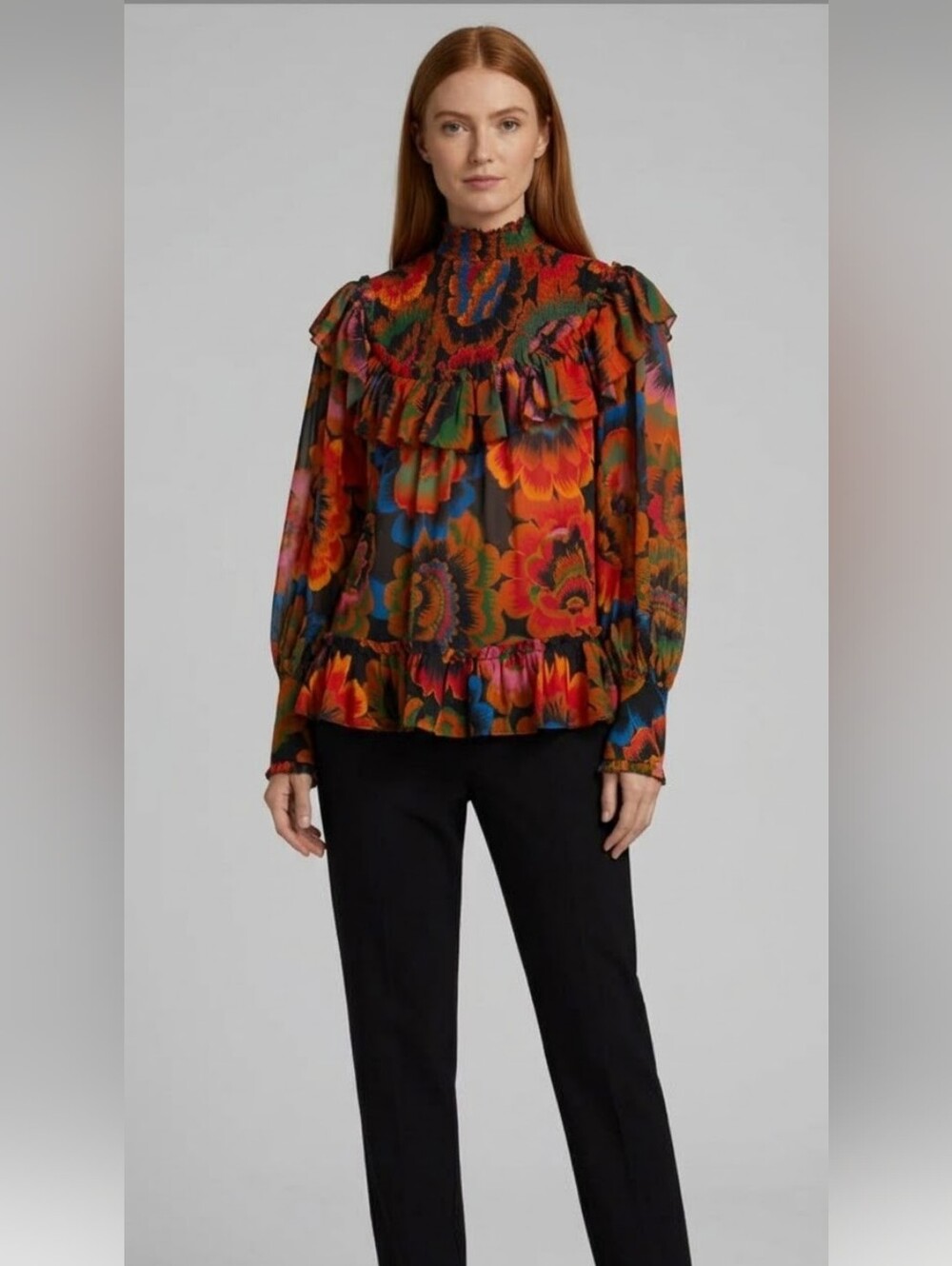 FARM Rio Vibrant Tropical Floral Smocked Ruffle Mock Neck Blouse XS